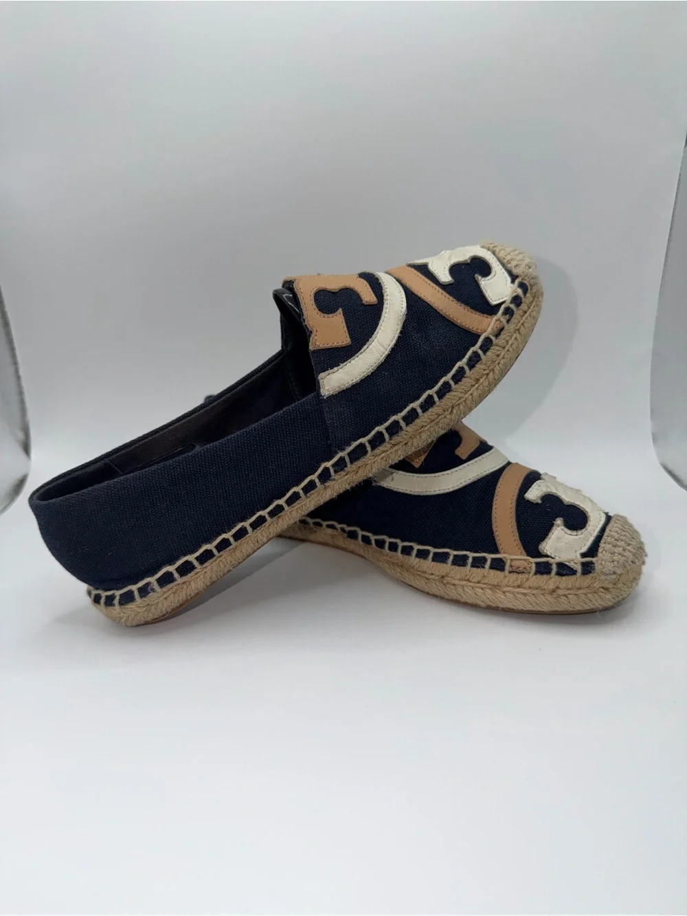 Tony Burch Navy Canvas Espadrilles with Tan & Cream Logo